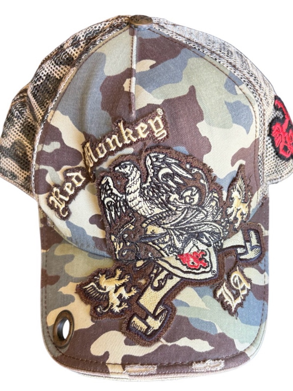 Vintage Red Monkey Camo Trucker Hat – Embroidered Crest Logo – Y2K Streetwear